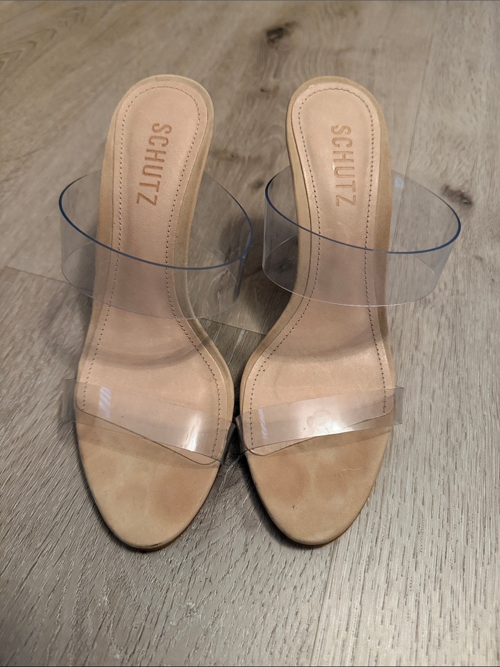 SCHUTZ Nude Clear Two-Band Slide Heels with Transparent Straps
